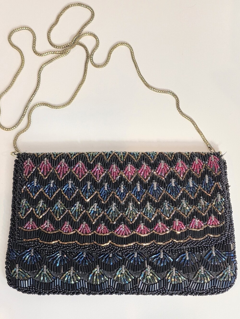 Vintage Beaded Black Evening Clutch Gold Chain, Wedding Guest Cocktail Glam